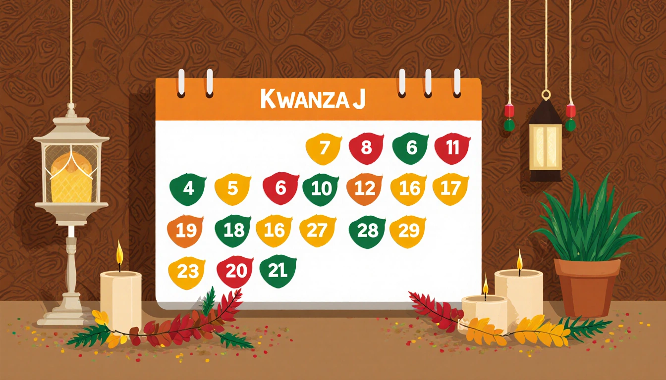 Calendar highlighting Kwanzaa dates with bright markers and warm African pattern background with lanterns