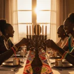 Friends and family laughing around a kinara with golden sunset light and African textiles