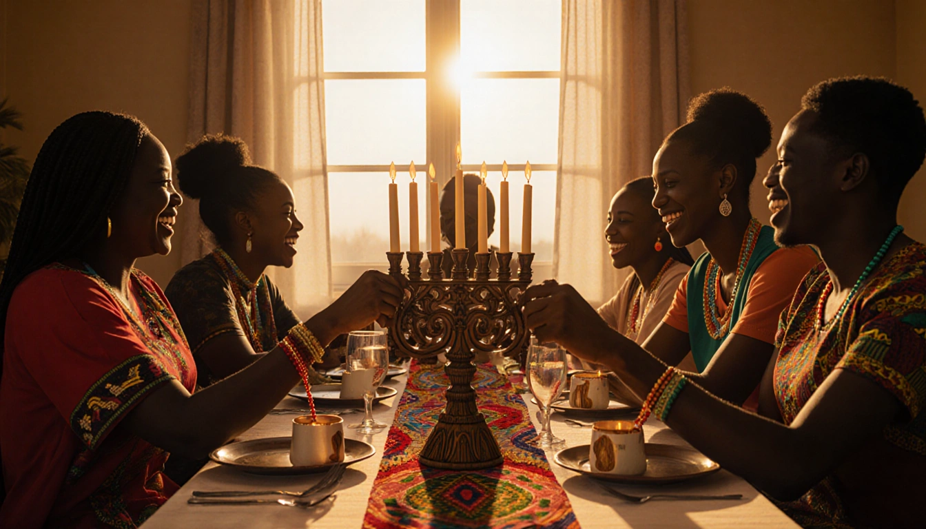 Friends and family laughing around a kinara with golden sunset light and African textiles