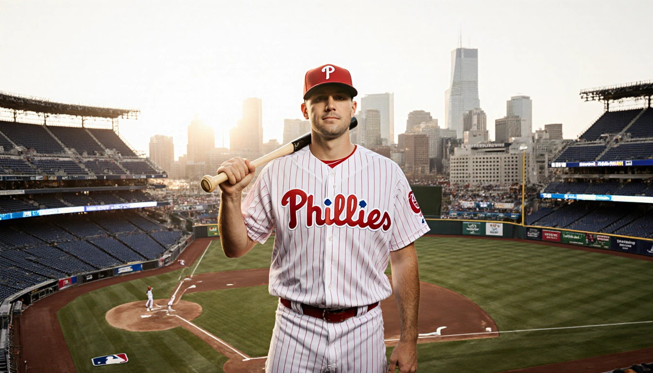 Kyle Backhus stands triumphantly baseball stadium with Phillies jersey and bat over shoulder near Philadelphia skyline sunlit