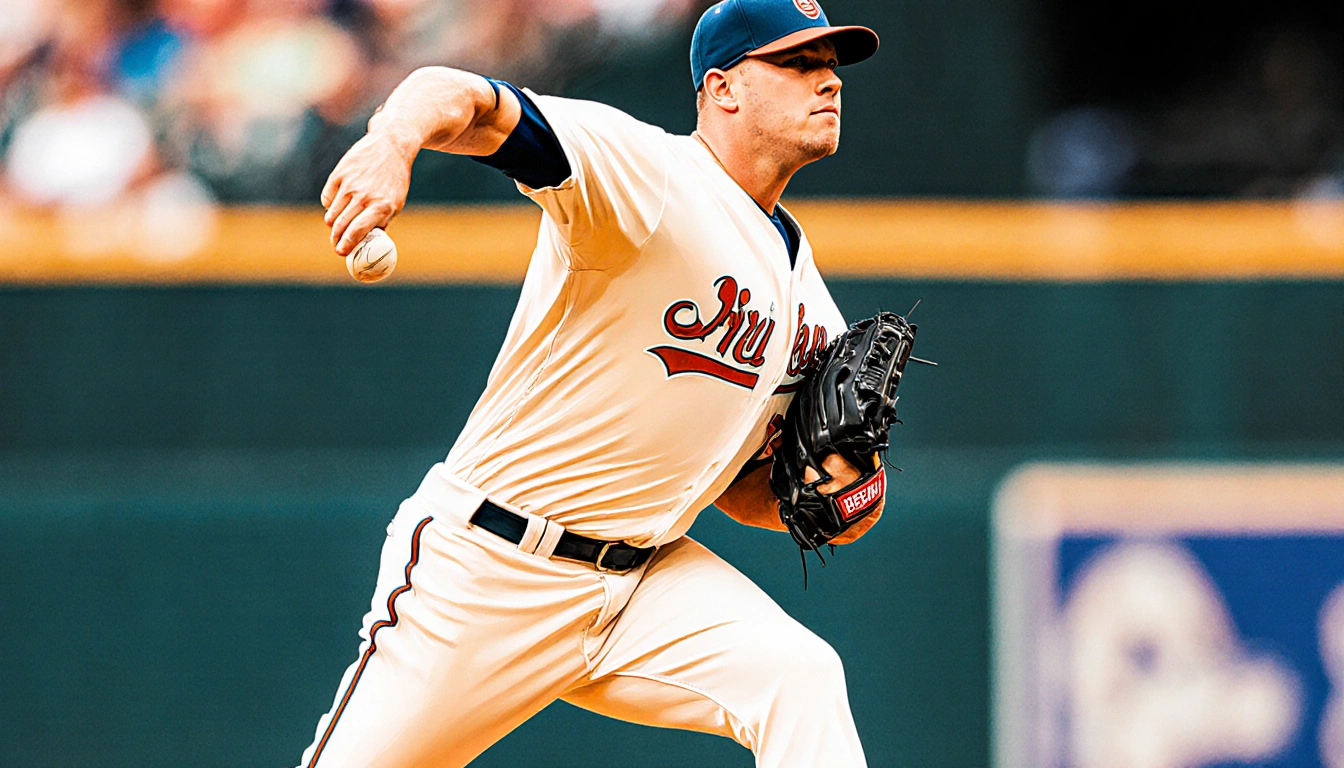 Kyle Backhus pitching with an unorthodox arm slot in a baseball stance with shoulder cocked and background blurred