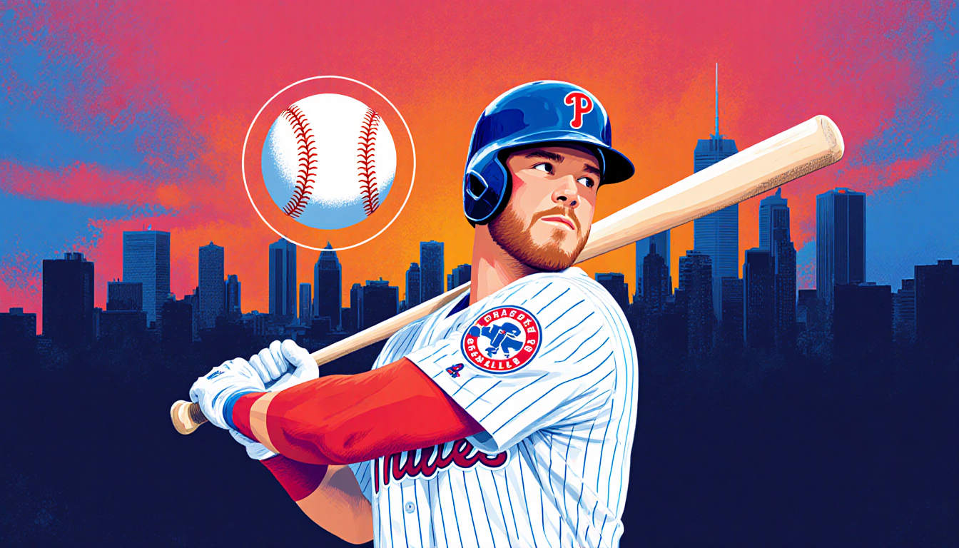 Kyle Schwarber stands with bat and hovering baseball faint Philadelphia skyline behind and bright colors reflecting 2025 stat