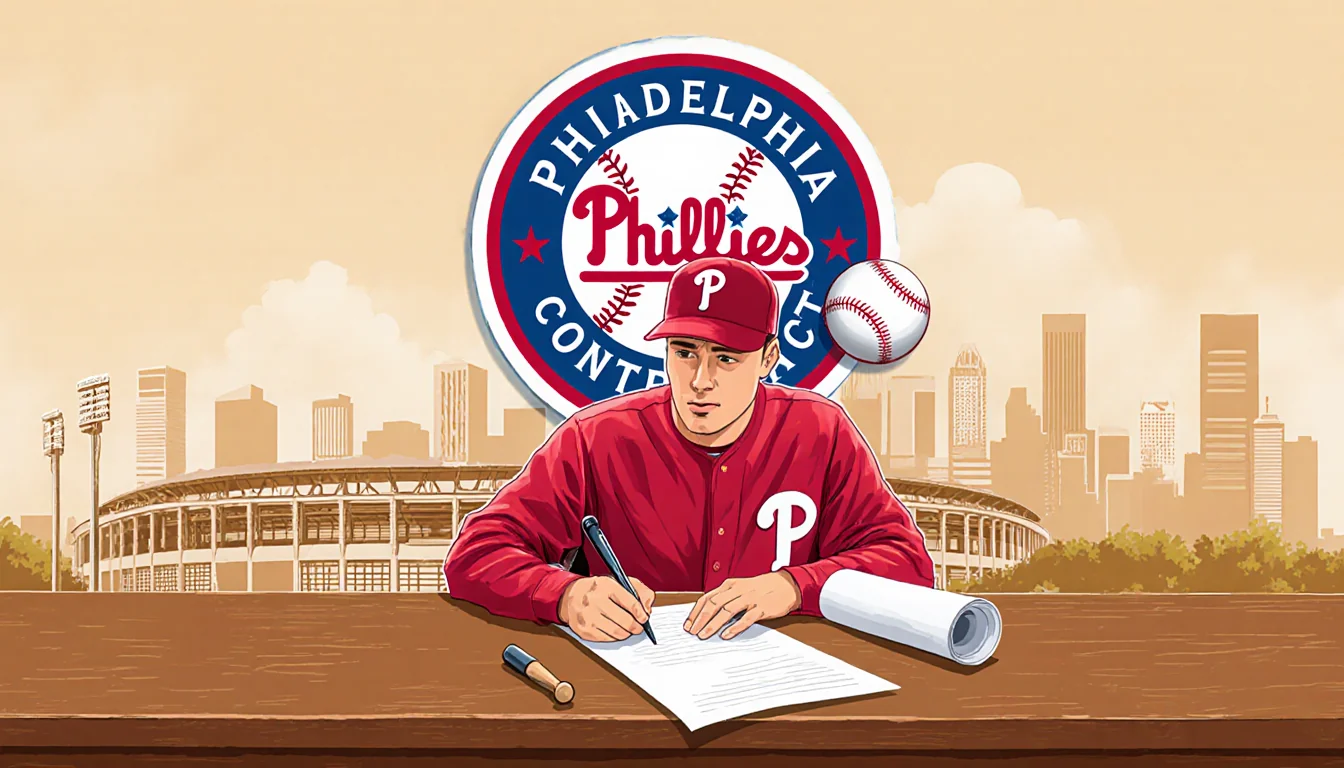 Kyle Schwarber signs contract with Phillies logo and Citizens Bank Park skyline behind warm desk scene