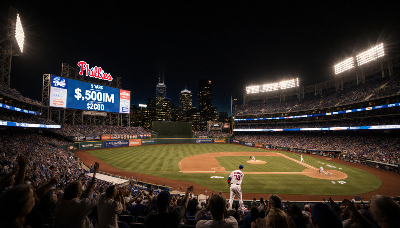 Kyle Schwarber stepping up to the plate with golden light and a roaring crowd in a dimly lit Phillies stadium