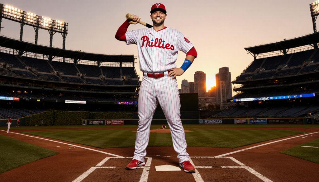 Kyle Schwarber stands at home plate holding a $150M contract with a bat and Phillies jersey shining under sunset lights