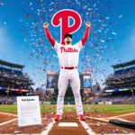 Kyle Schwarber stands at home plate raising his arms with confetti exploding around him and the Phillies logo overhead.