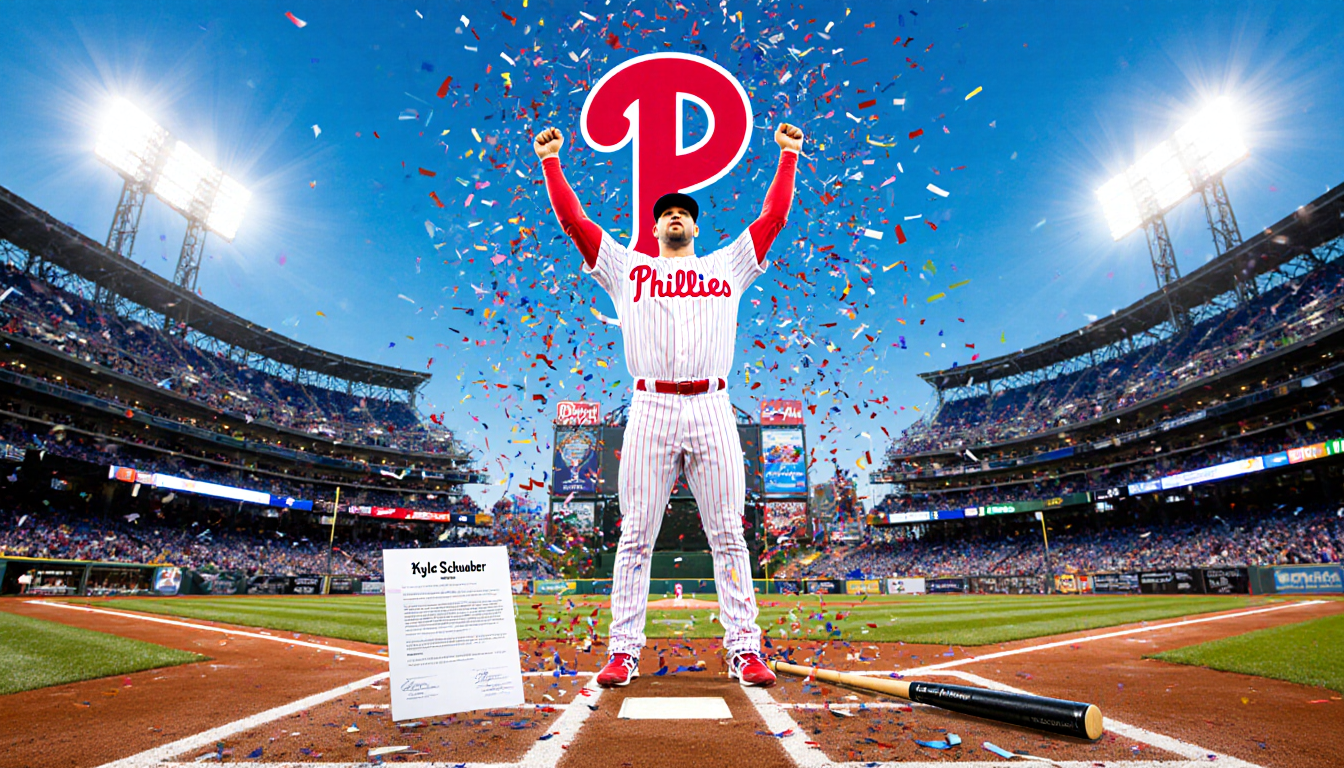 Kyle Schwarber stands at home plate raising his arms with confetti exploding around him and the Phillies logo overhead.