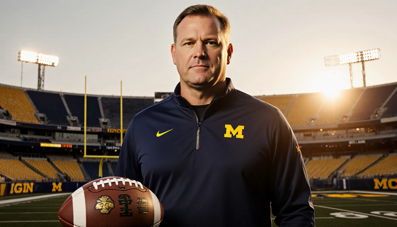Kyle Whittingham standing with a football at his feet and sunset glow over the Maize and Blue Michigan field