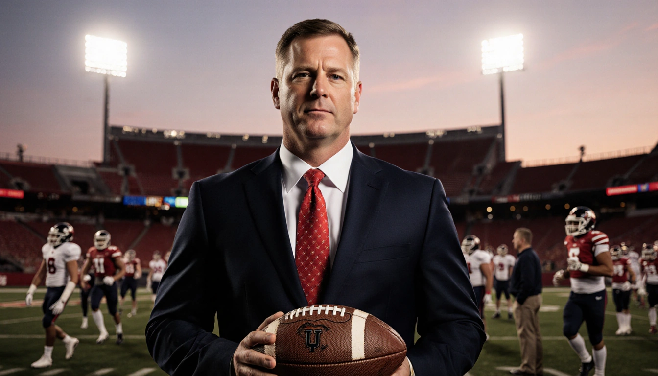 Kyle Whittingham standing in a suit holding rugged football with Utah stadium lights behind him blurred team warming up