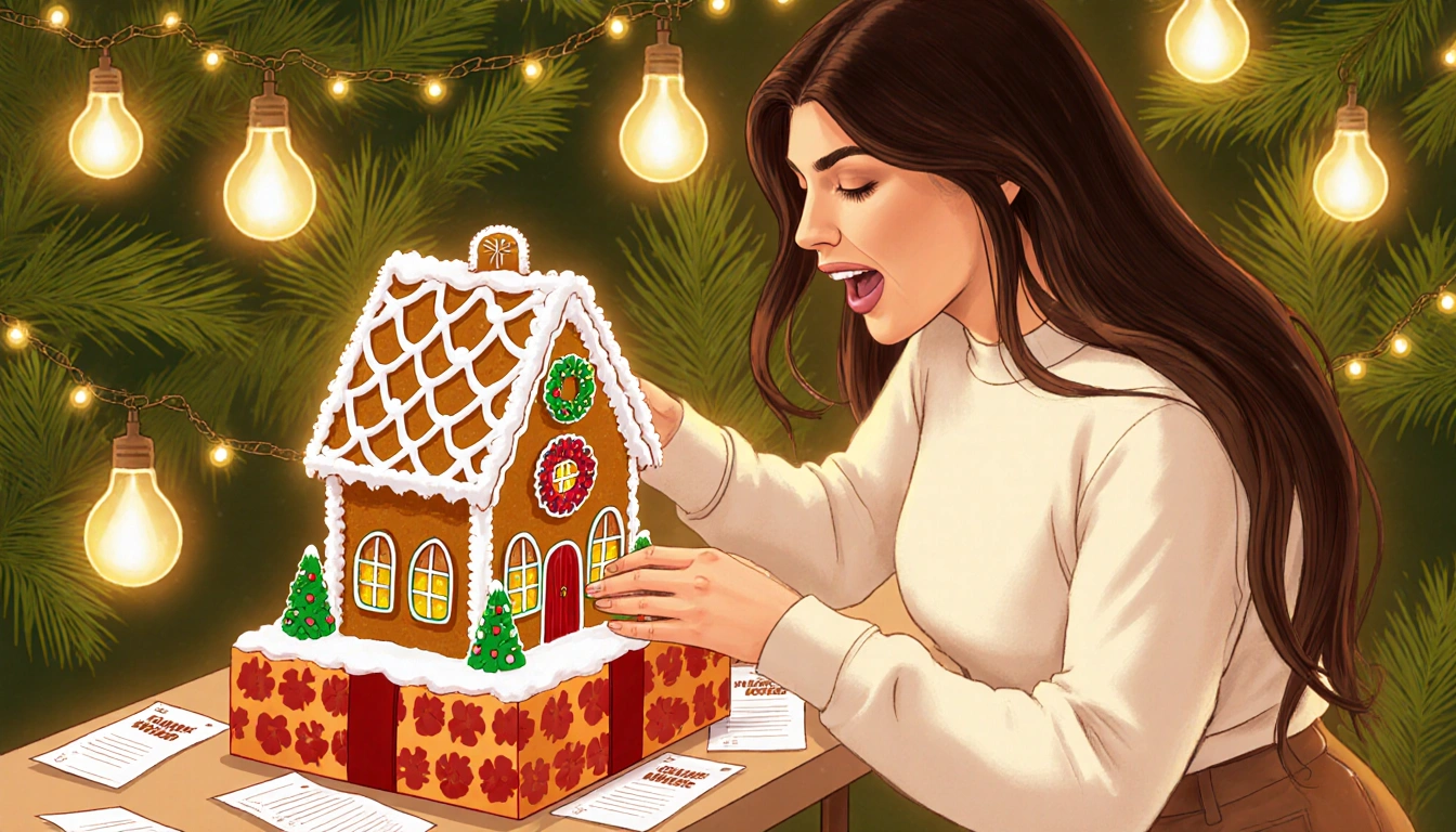 Kylie Kardashian unwrapping a gingerbread house gift with festive lights and greenery and scattered holiday cards
