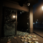 Pokémon cards scattered across the floor with broken glass from the shattered door and a flickering streetlight