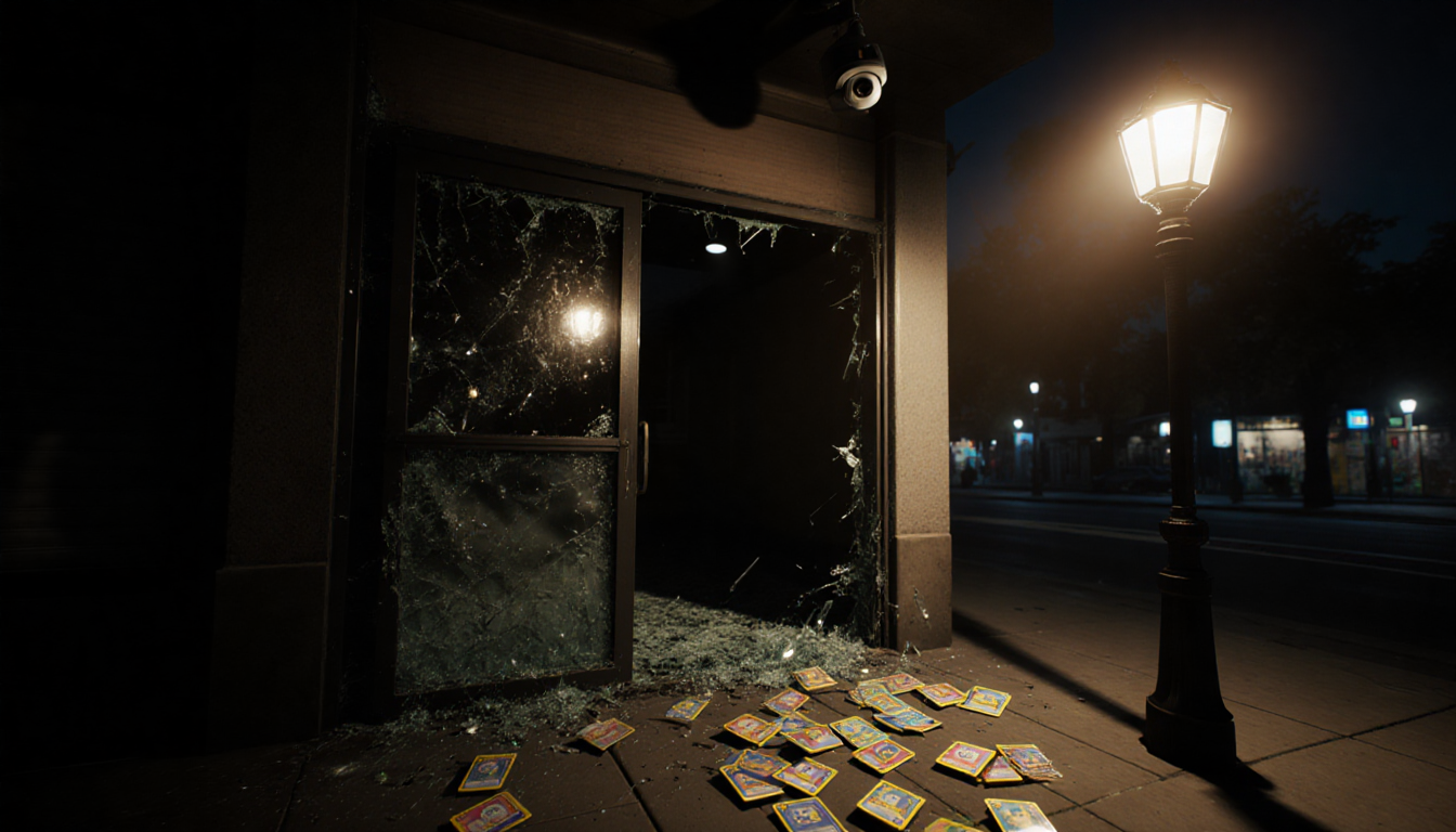 Pokémon cards scattered across the floor with broken glass from the shattered door and a flickering streetlight