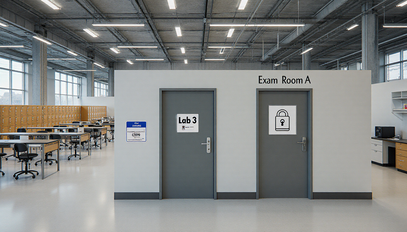Unlocked outer door opens with Lab 3 sign and badge-secured entrance to exam room against modern laboratory backdrop.