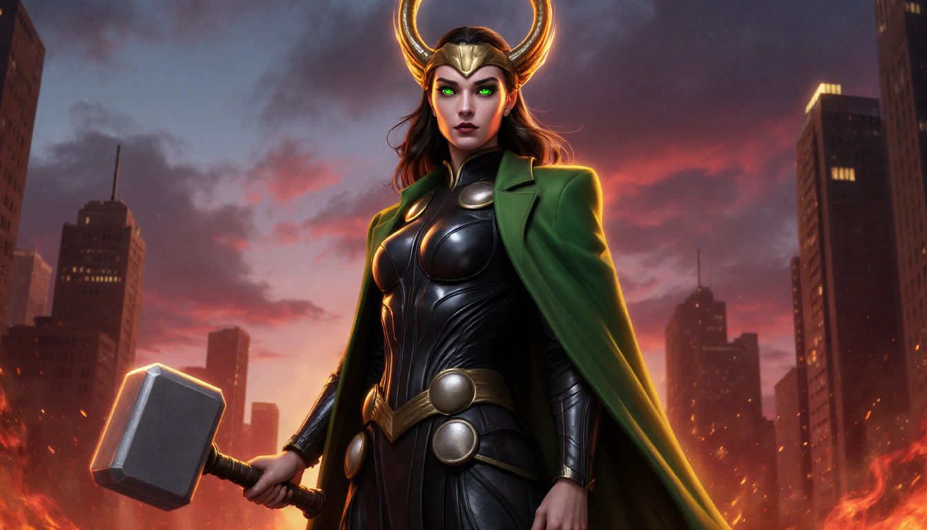 Lady Loki stands confidently with Mjolnir in hand amid a fiery crimson cityscape at dusk with golden light.