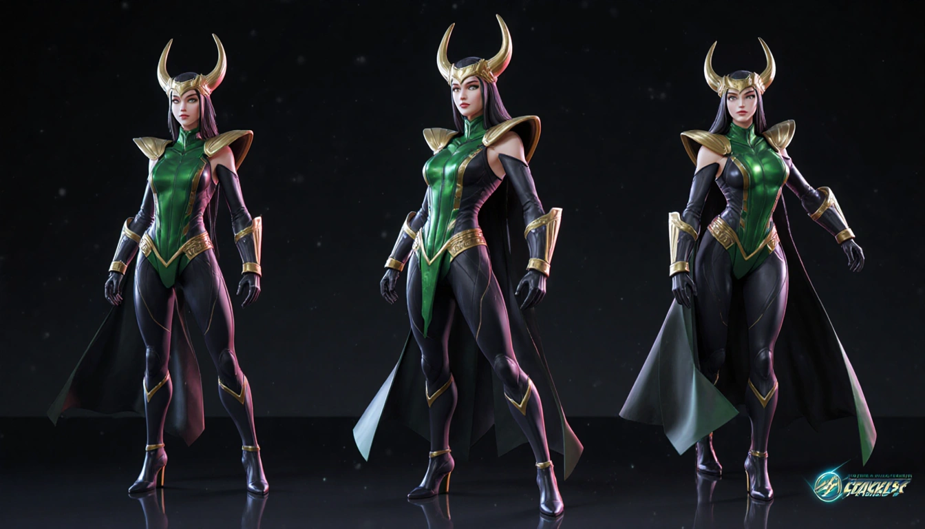 Lady Loki poses with dynamic animation and expressive face on dark background highlighting custom emotes.