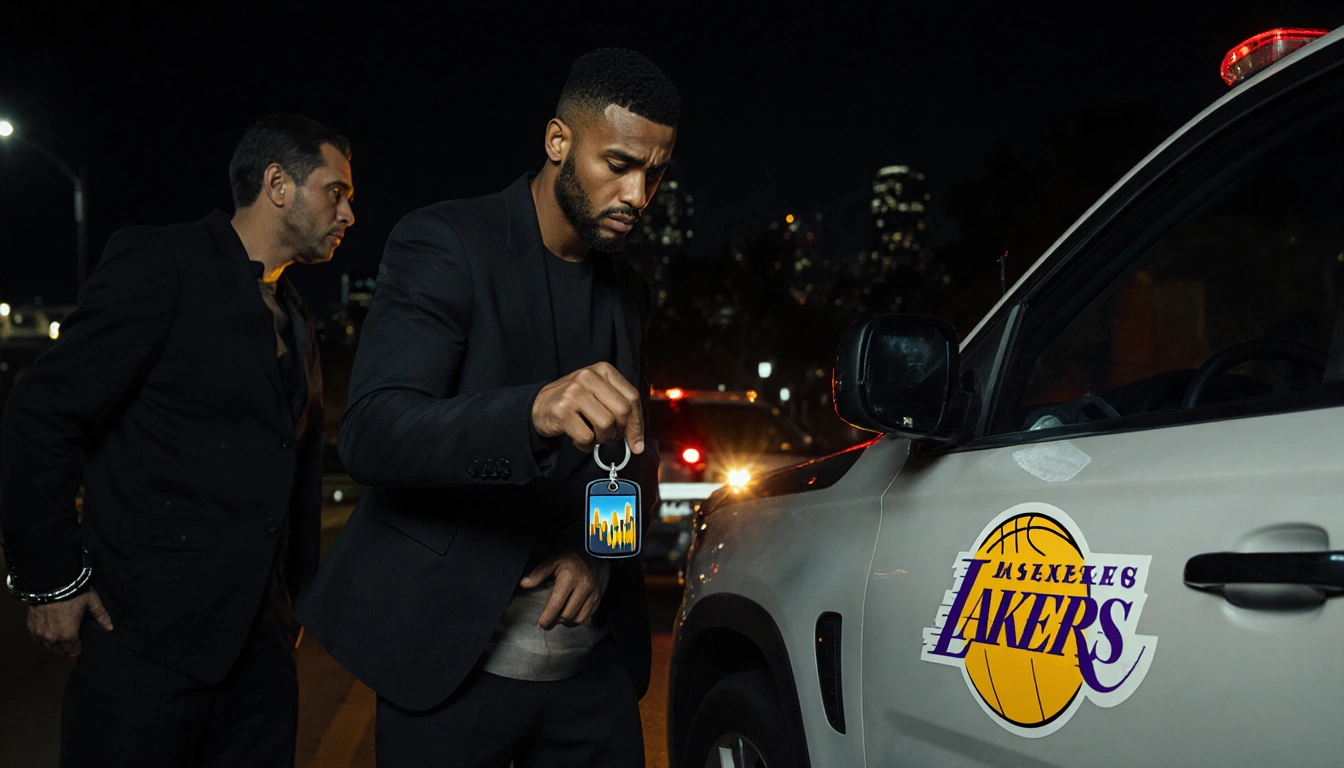 Suspect standing over SUV holding key with Lakers logo and police cruiser flashing lights behind.