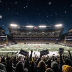 Fans cheering in winter stadium lights with snowflakes and team logos on Lambeau Field at night.