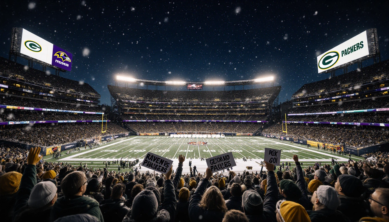 Fans cheering in winter stadium lights with snowflakes and team logos on Lambeau Field at night.