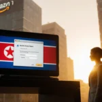 Laptop shows rejected login on North Korean flag theme with Amazon office in sunset and security officer looking concerned.