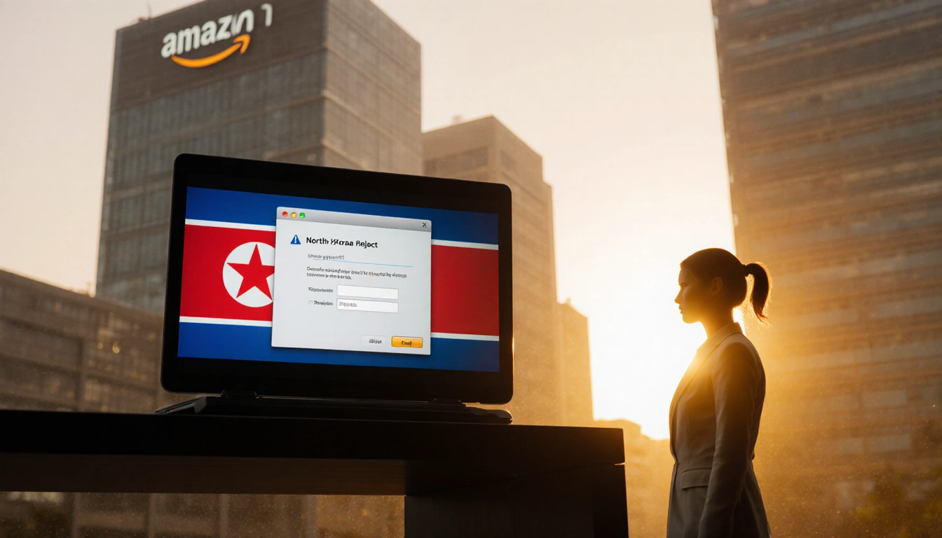 Laptop shows rejected login on North Korean flag theme with Amazon office in sunset and security officer looking concerned.