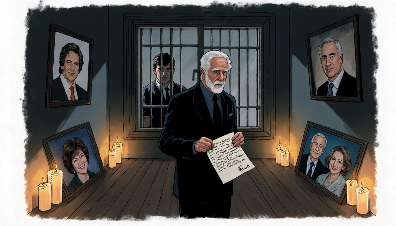 Larry David holding an eulogy with candles and photos of Rob and Michele Reiner while a jail cell door looms behind.