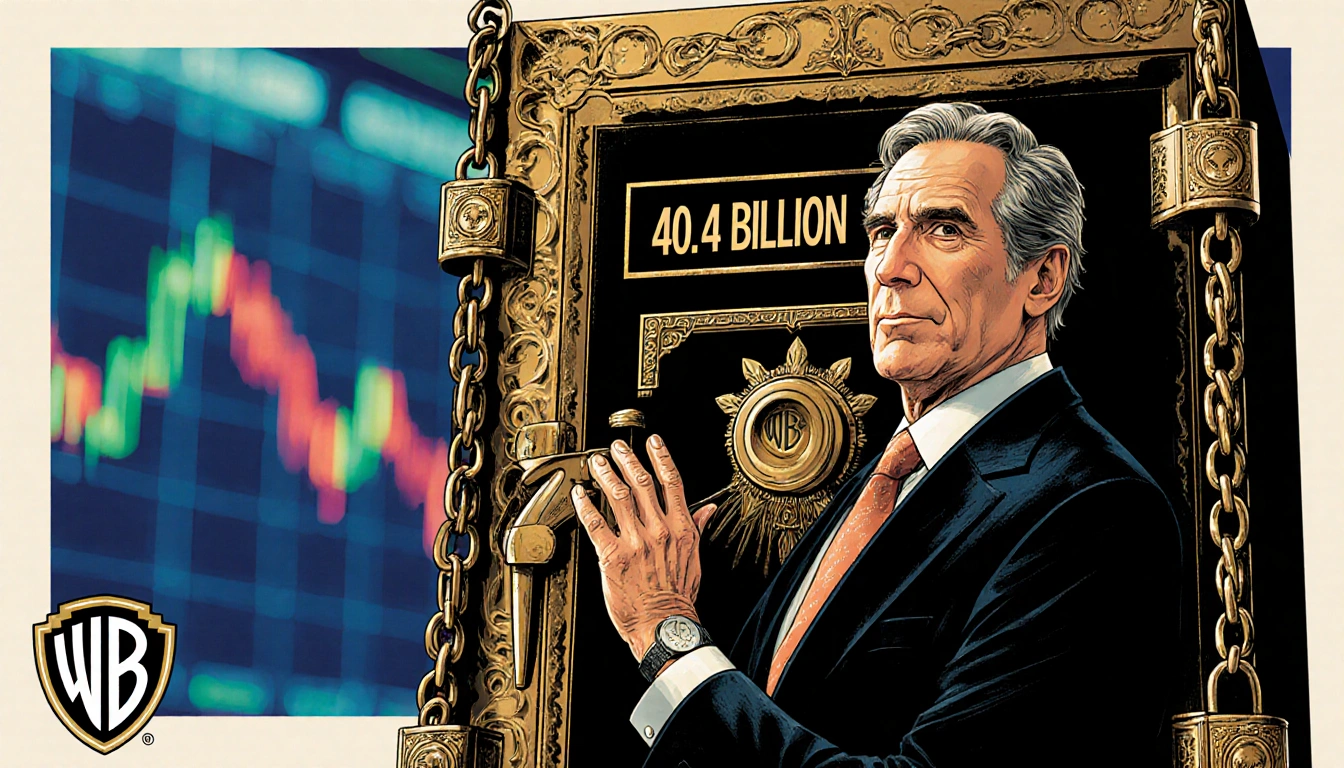 Larry Ellison standing beside safe with 40.4 billion plaque and hand on handle while blurred financial chart looms behind.