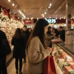Young woman holding a shopping bag approaching checkout counter with last-minute Christmas decor and digital clock near count