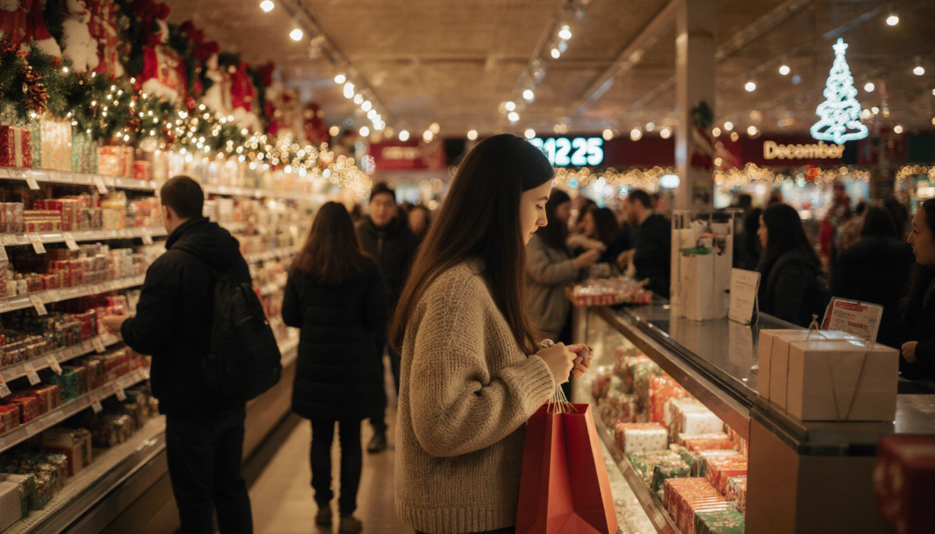 Young woman holding a shopping bag approaching checkout counter with last-minute Christmas decor and digital clock near count