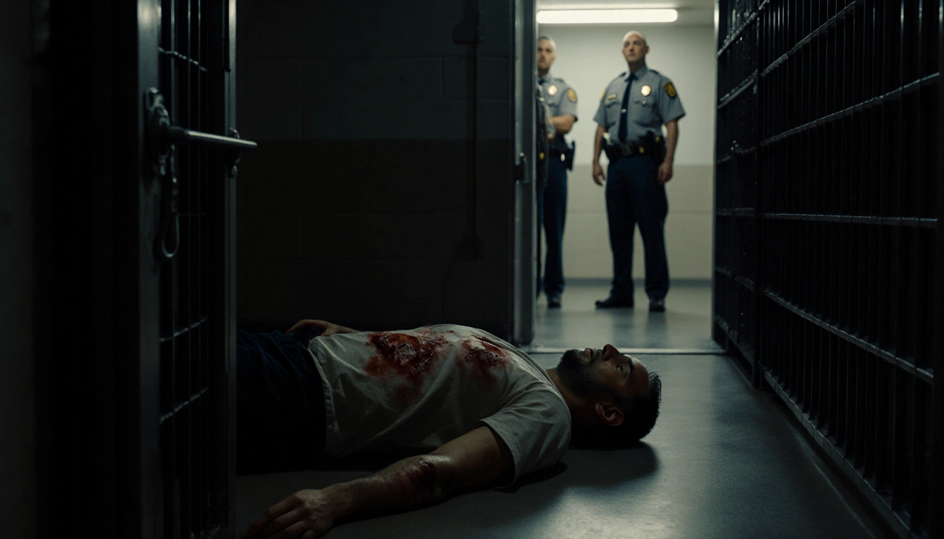 Motionless body of Christopher Kelly lies cell floor with blunt injuries and officers stand at attention fluorescent glow