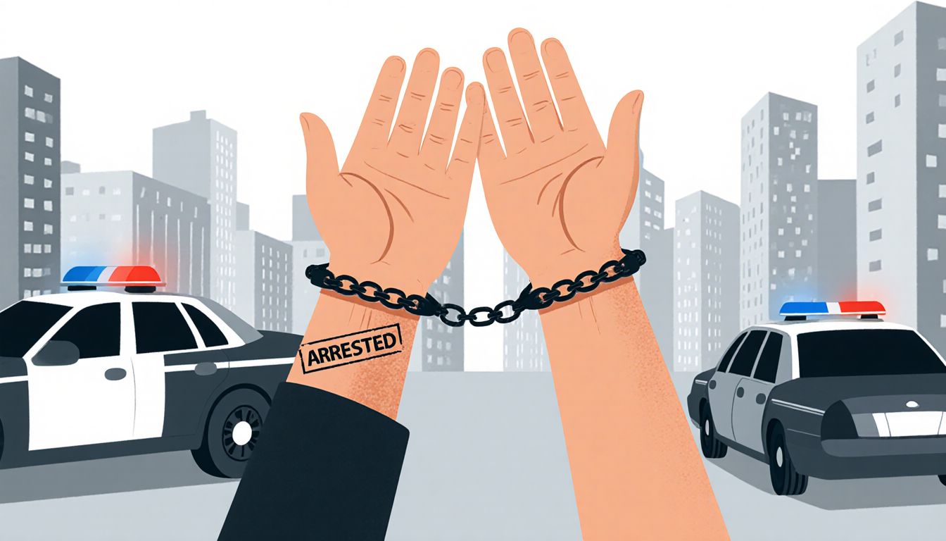 Person raising hands with handcuffs and an arrested stamp against a blurred cityscape with police vehicles