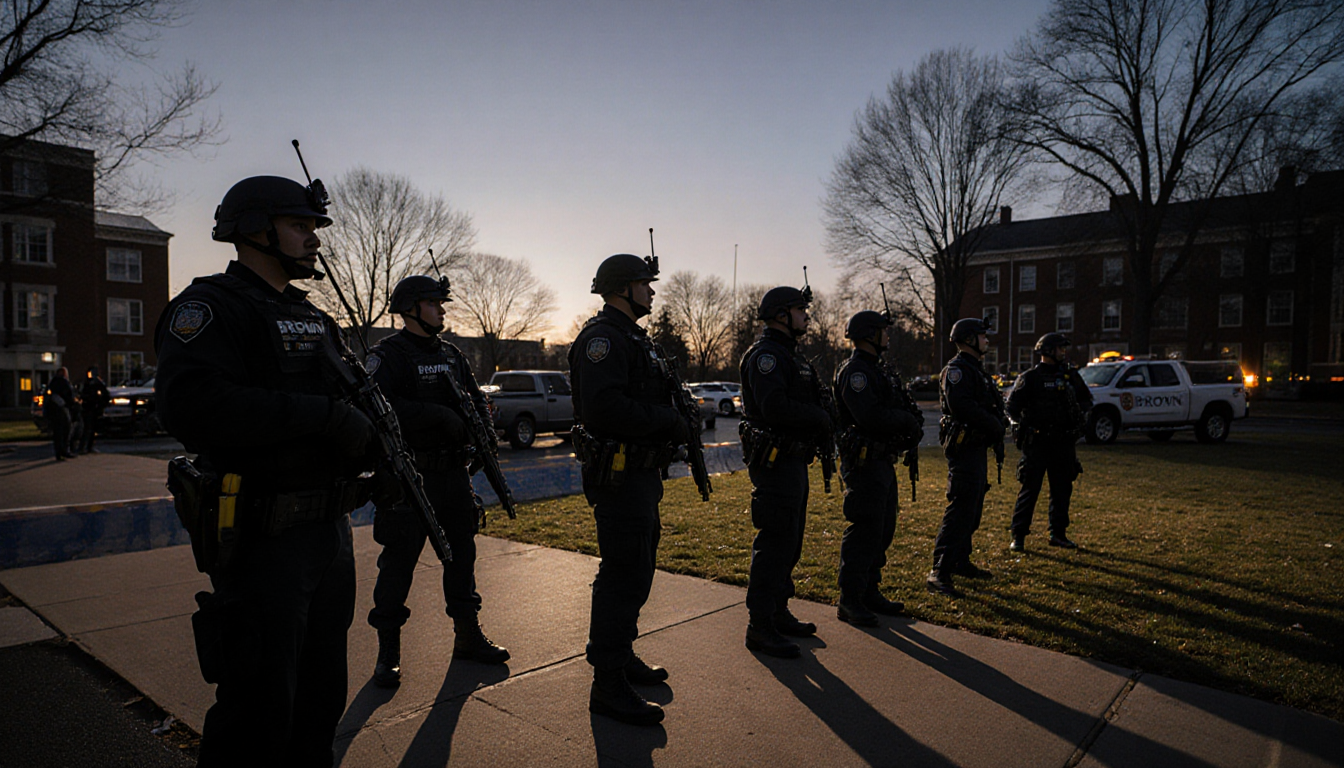 Law enforcement officers set up a perimeter around Brown University campus with tactical gear and radios in hand