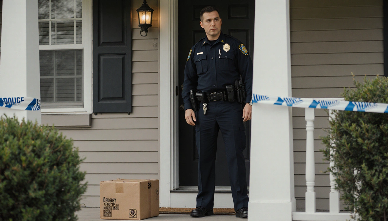 Law enforcement officer standing near a home with an abandoned food delivery package on the porch and police tape.