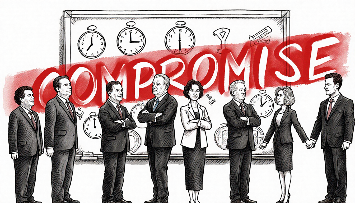 Lawmakers stand in front of whiteboard with COMPROMISE banner and clock ticking to show urgent effort