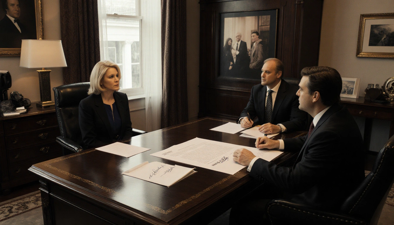 Plaintiffs sit across each other on chairs with a signed contract on the desk and a clinic scene through the window