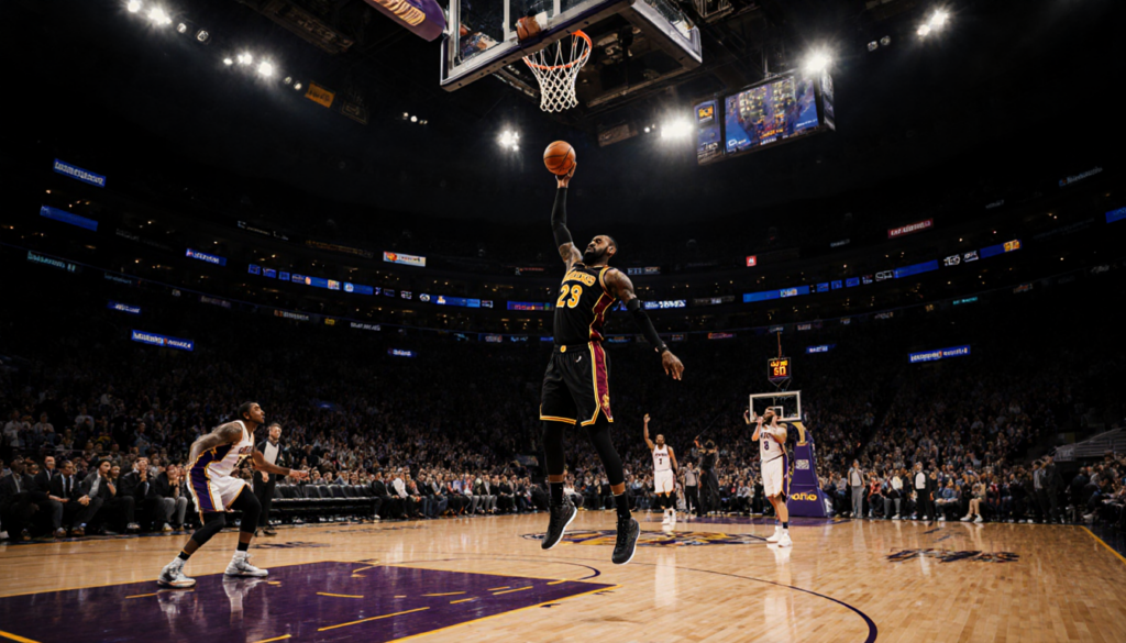 LeBron James shooting a three-pointer with warm glow from the basket and empty 76ers bench behind him.