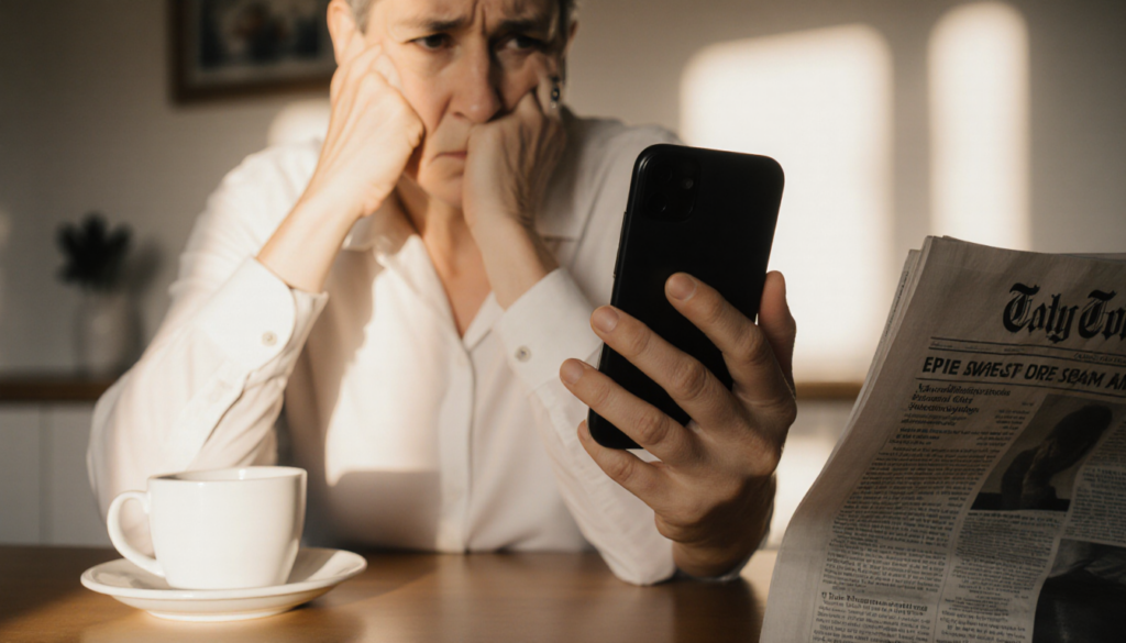 Lehigh County resident holding phone with phone scam alert message and coffee cup nearby