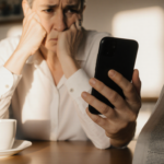 Lehigh County resident holding phone with phone scam alert message and coffee cup nearby