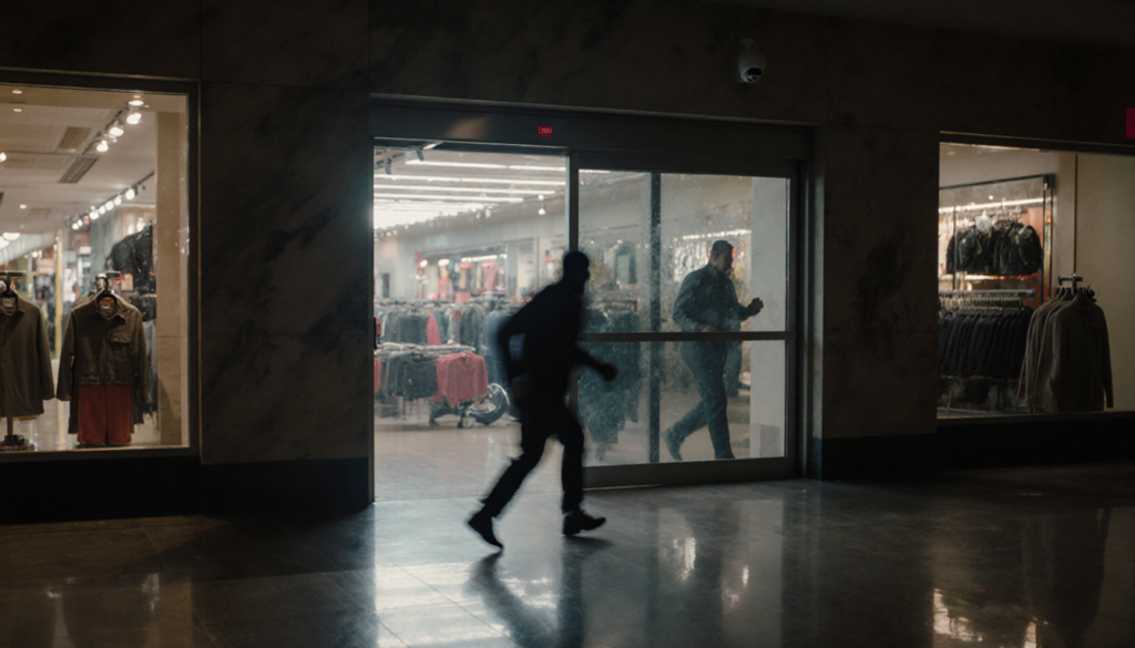 Security camera watches fleeing figure reflected in open sliding doors of empty Levi