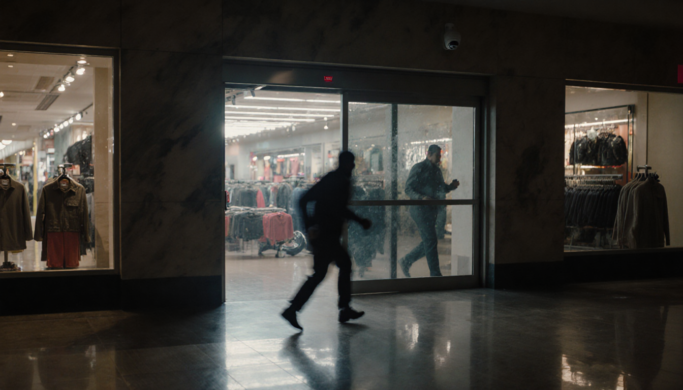 Security camera watches fleeing figure reflected in open sliding doors of empty Levi