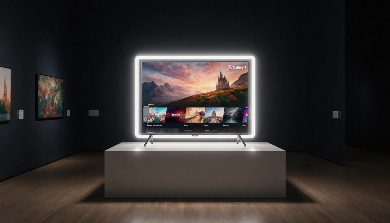 LG Gallery TV displaying curated art pieces with warm lighting and subtle reflections in a modern art gallery.