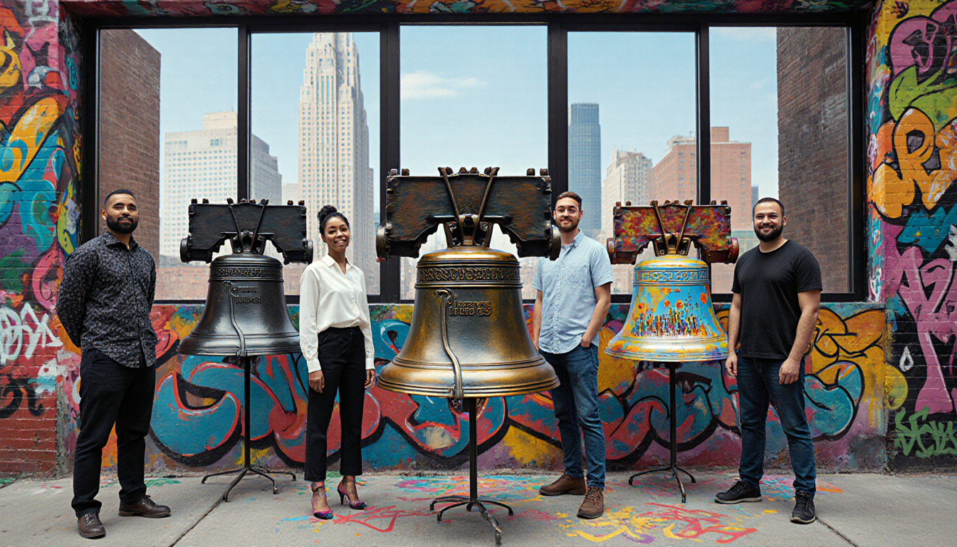 Six artists pose with replica Liberty Bell paintings with Philadelphia skyline and street art in background