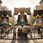 Crowd admiring colorful Liberty Bell replicas with hand‑painted designs in a Philadelphia street with iron fencing greenery.