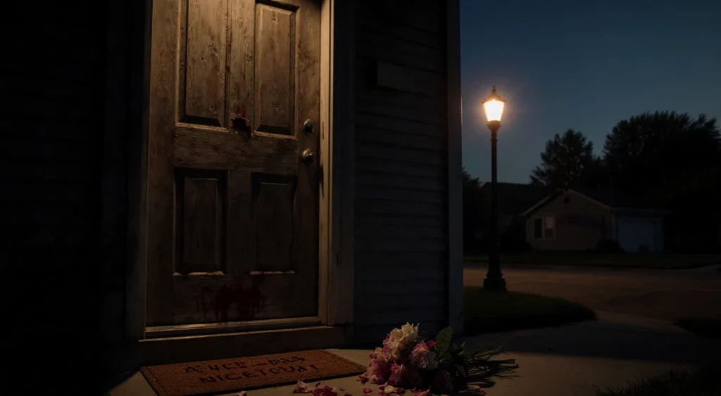 Wooden front door staying ajar with a bloodstained welcome mat and wilted flowers on the porch step beside a lone streetlamp