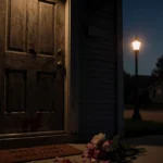 Wooden front door staying ajar with a bloodstained welcome mat and wilted flowers on the porch step beside a lone streetlamp