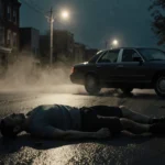 Cyclist lying lifeless on wet pavement with a speeding sedan leaving dust and a shattered helmet