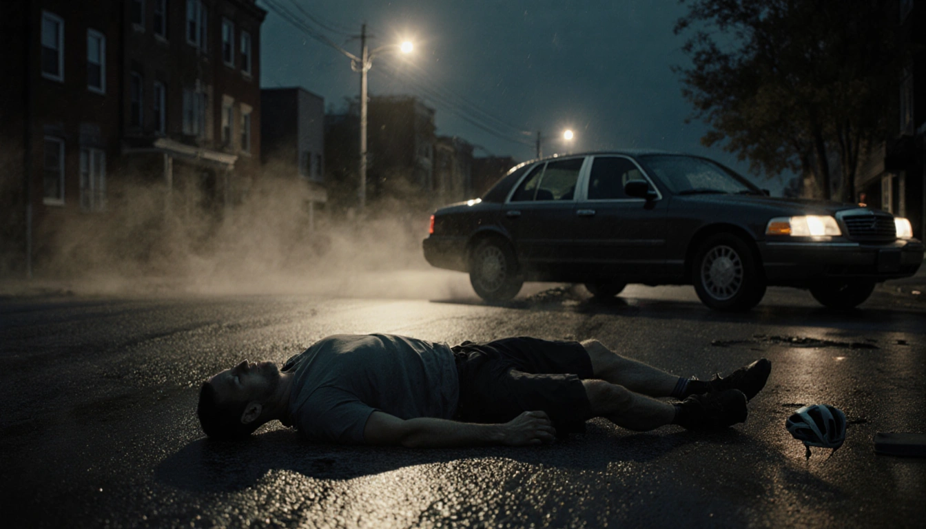 Cyclist lying lifeless on wet pavement with a speeding sedan leaving dust and a shattered helmet