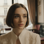 Emily sitting with short bob haircut and Parisian cafe backdrop