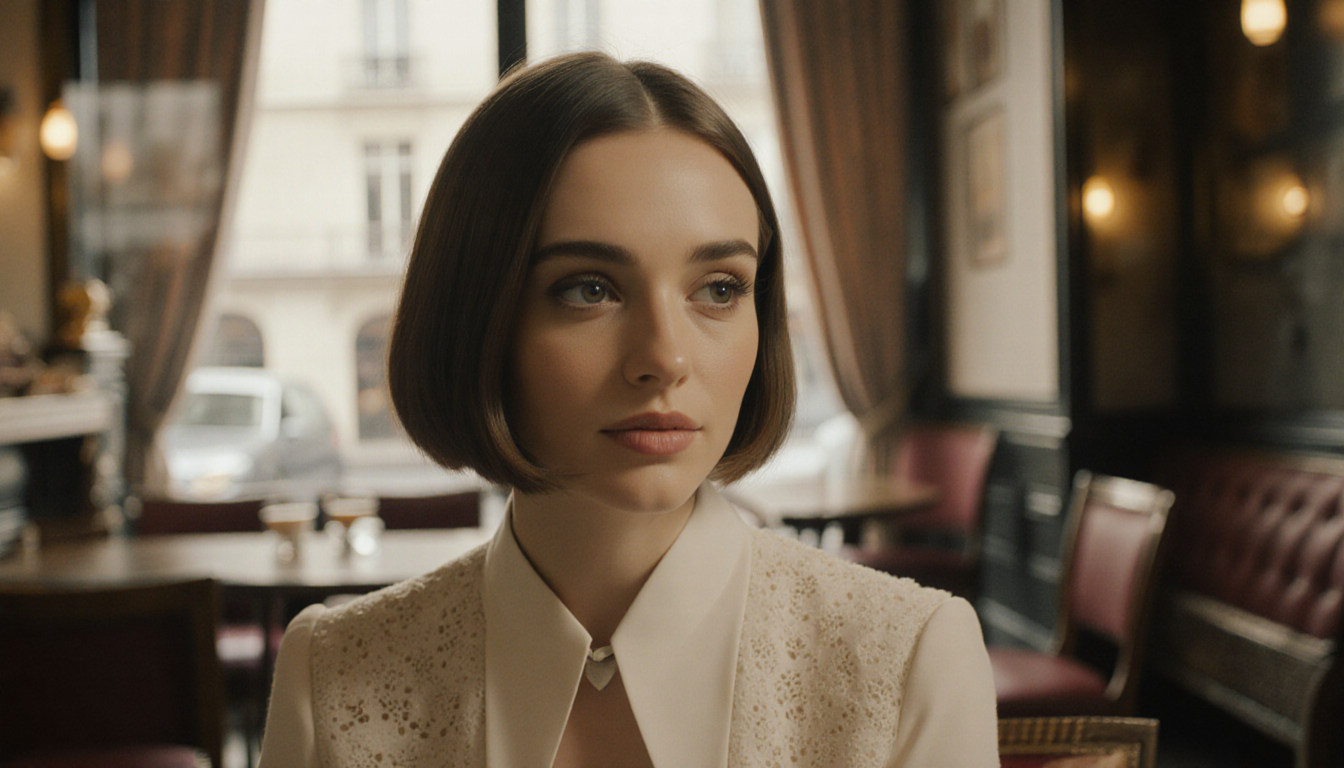 Emily sitting with short bob haircut and Parisian cafe backdrop