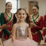 Lily Santisi smiles in front of a mirror with sparkly leotard and tutu while Rockettes in red and green uniforms cheer her