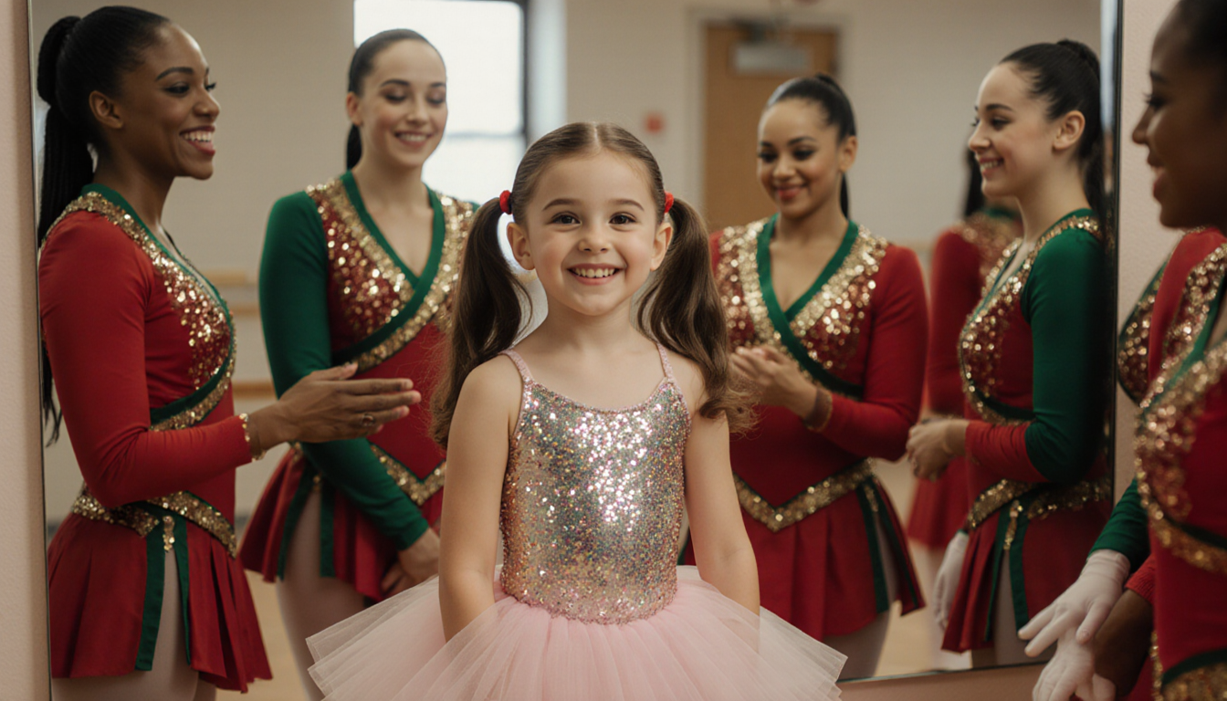 Lily Santisi smiles in front of a mirror with sparkly leotard and tutu while Rockettes in red and green uniforms cheer her